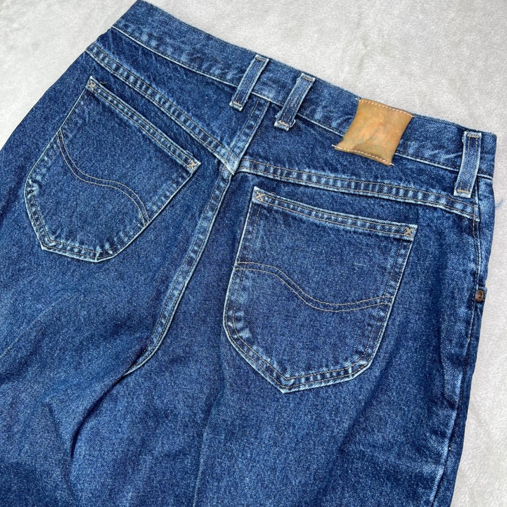Vintage Lee Tapered Leg Jeans Womens 14 M Blue Solid High Rise Made in USA Denim
